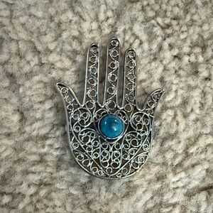 Silver Filigree Hamsa Hand Brooch with Blue Accent